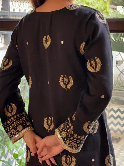 Jet Black Mirror Work Handloom Kota Chikankari Ready to Wear Kurta Set