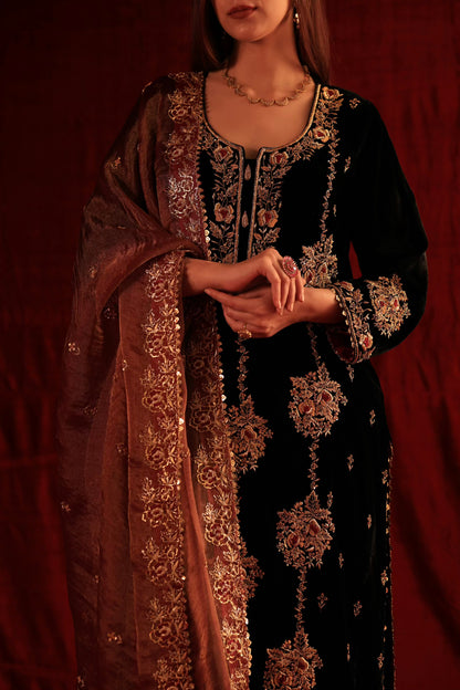 Jet Black Shade | Saman Velvet Ready To Wear Kurta Set