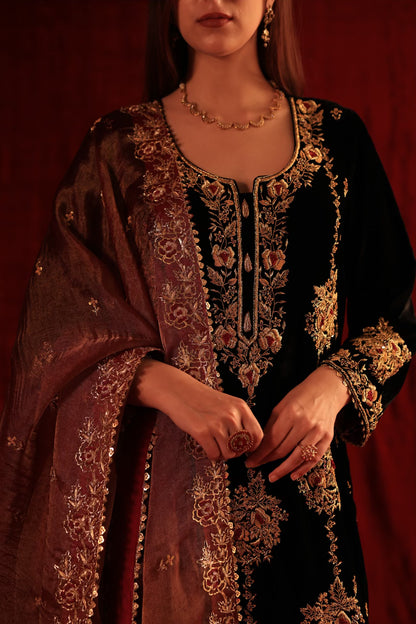 Jet Black Shade | Saman Velvet Ready To Wear Kurta Set