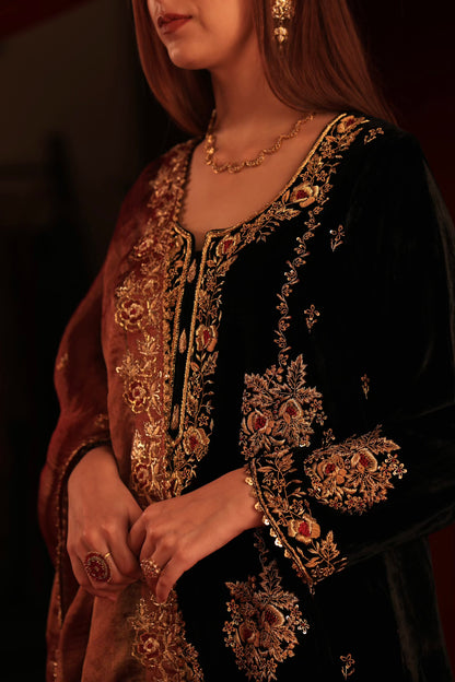 Jet Black Shade | Saman Velvet Ready To Wear Kurta Set