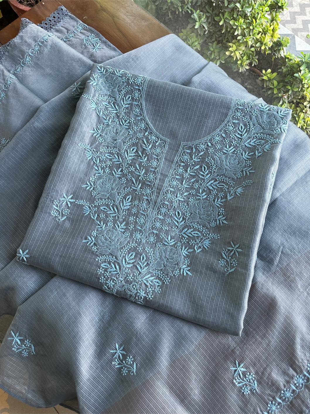 Jet Grey Shade Kota Chikankari Unstitched Fabrics
