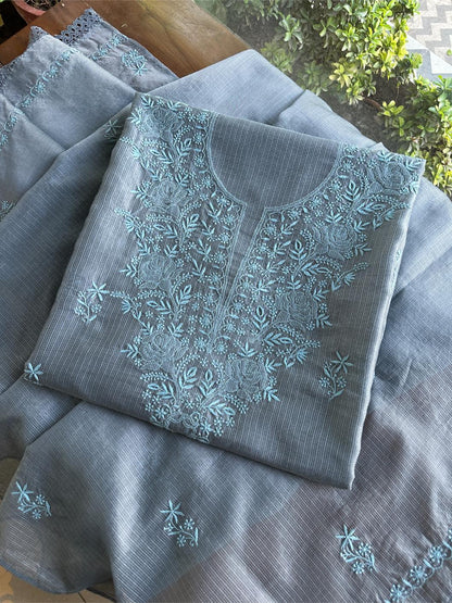 Jet Grey Shade Kota Chikankari Unstitched Fabrics