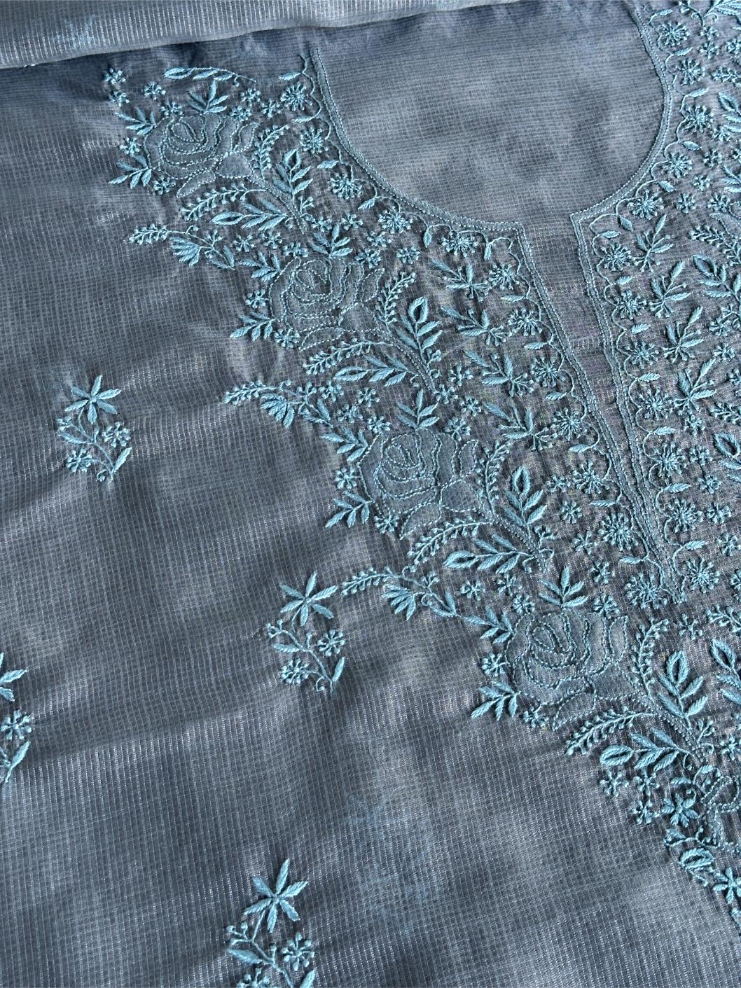 Jet Grey Shade Kota Chikankari Unstitched Fabrics