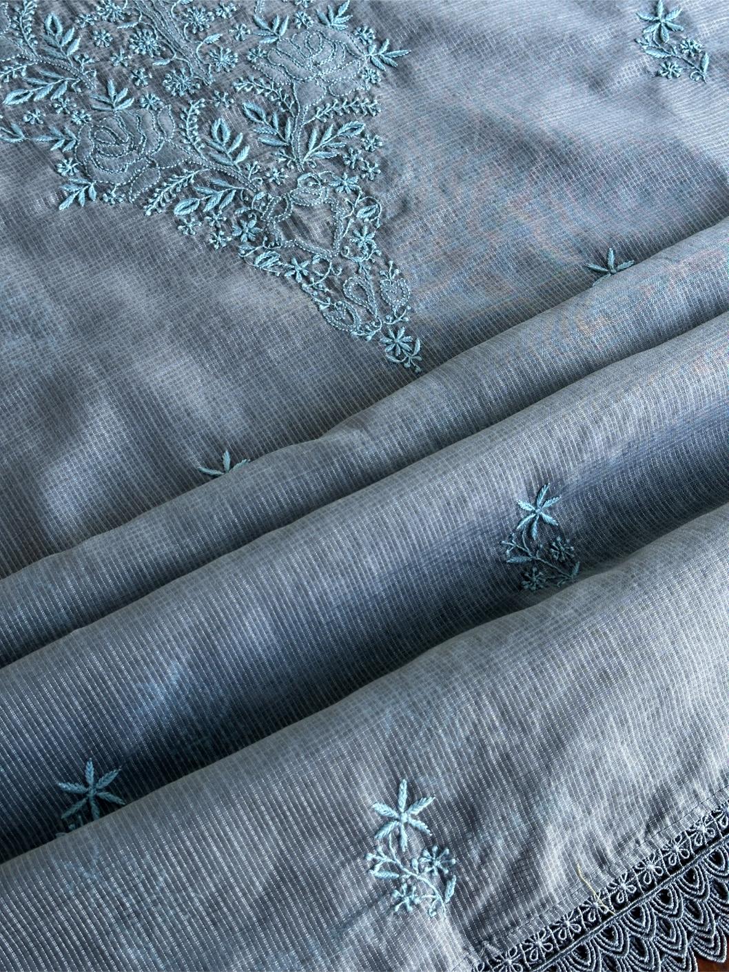 Jet Grey Shade Kota Chikankari Unstitched Fabrics