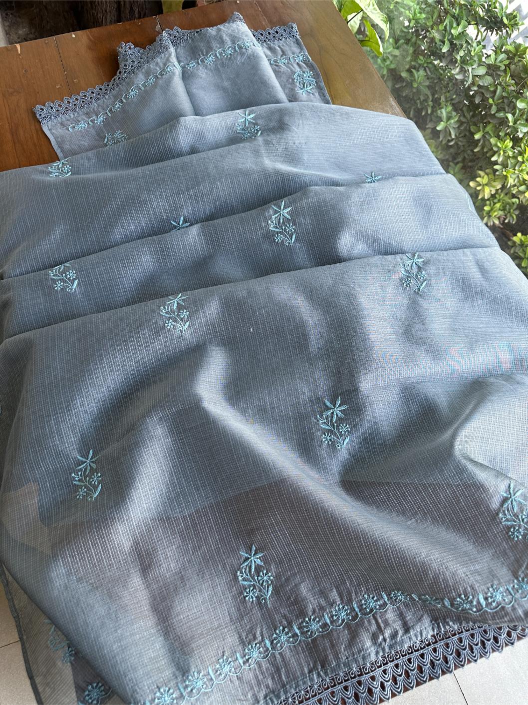 Jet Grey Shade Kota Chikankari Unstitched Fabrics