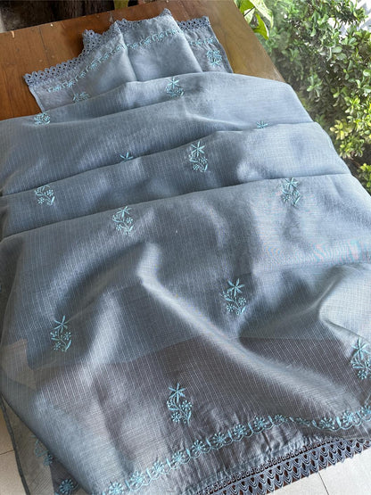 Jet Grey Shade Kota Chikankari Unstitched Fabrics