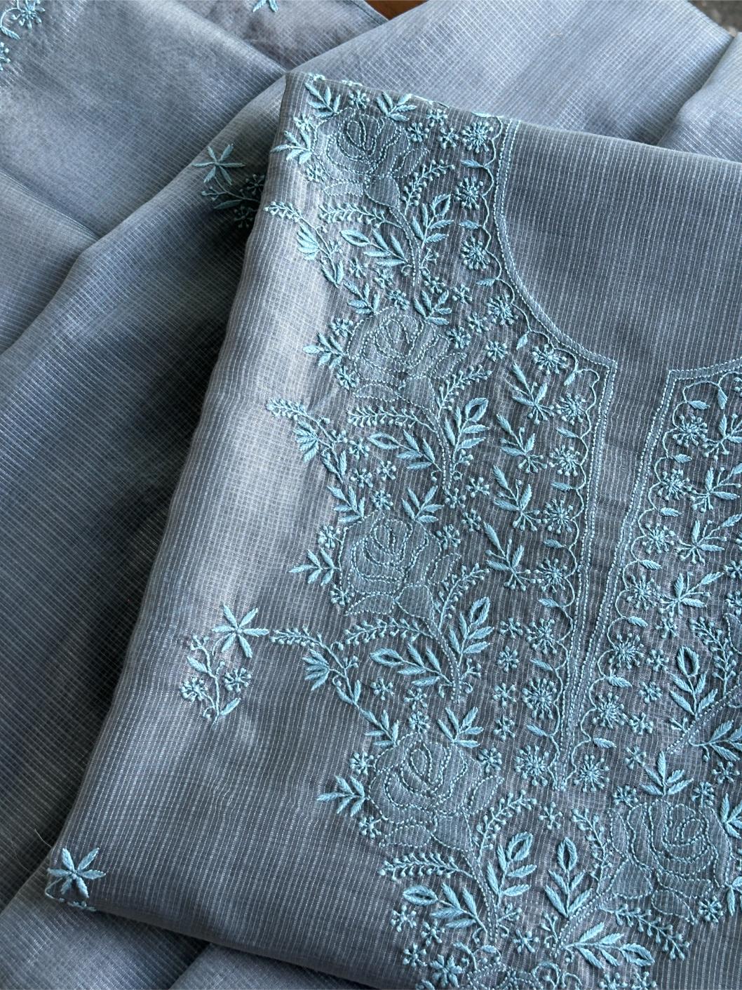 Jet Grey Shade Kota Chikankari Unstitched Fabrics