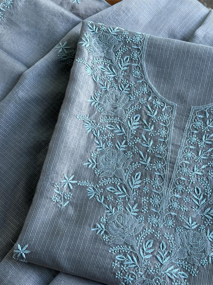 Jet Grey Shade Kota Chikankari Unstitched Fabrics