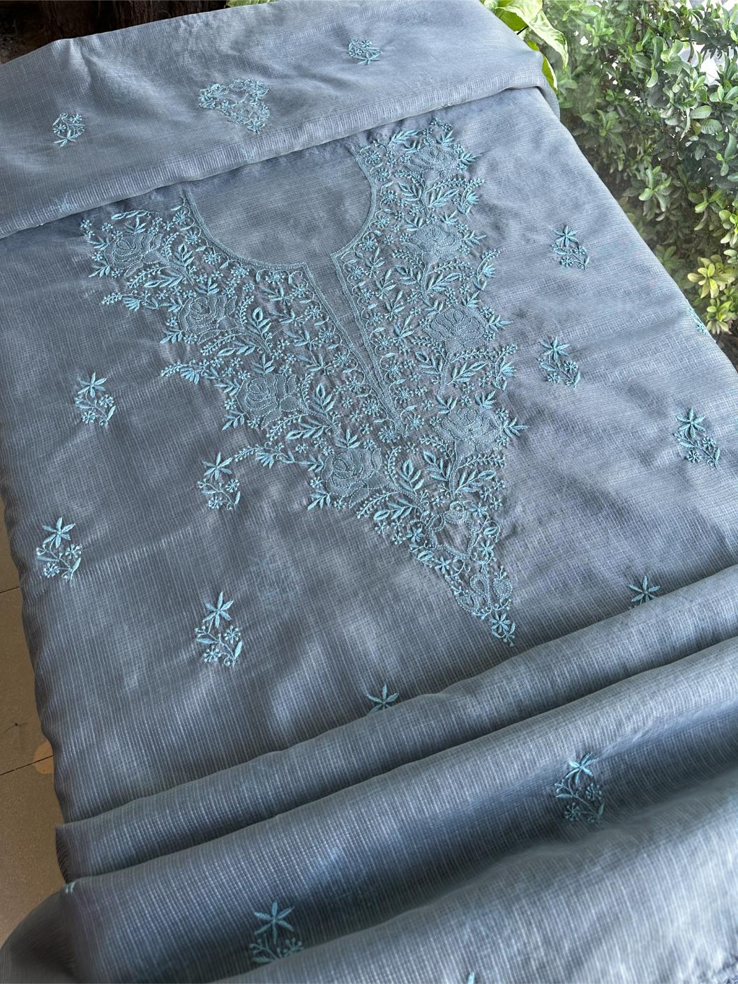 Jet Grey Shade Kota Chikankari Unstitched Fabrics