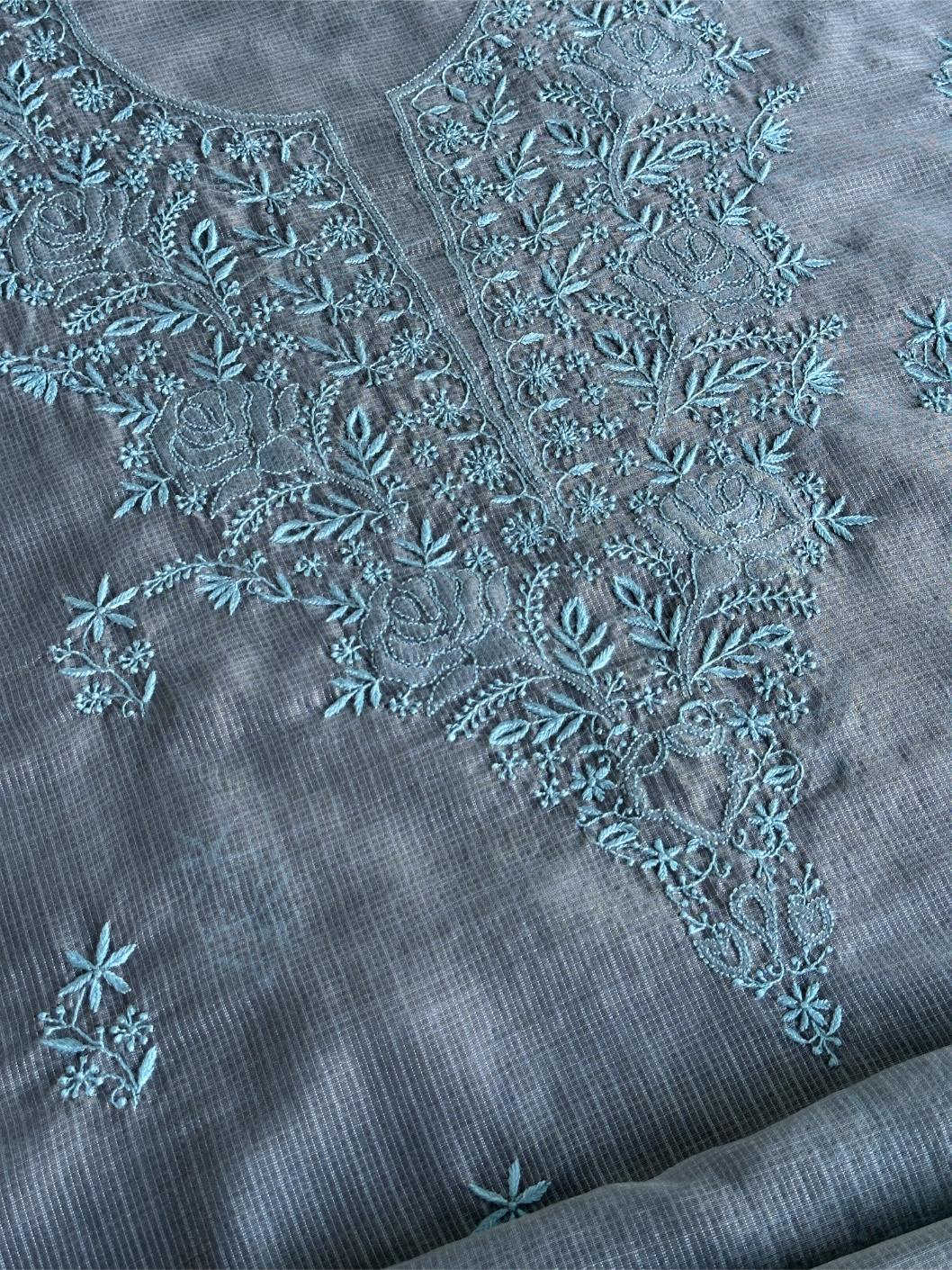 Jet Grey Shade Kota Chikankari Unstitched Fabrics