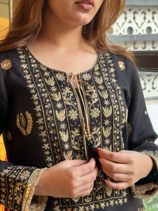 Jet Black Mirror Work Handloom Kota Chikankari Ready to Wear Kurta Set