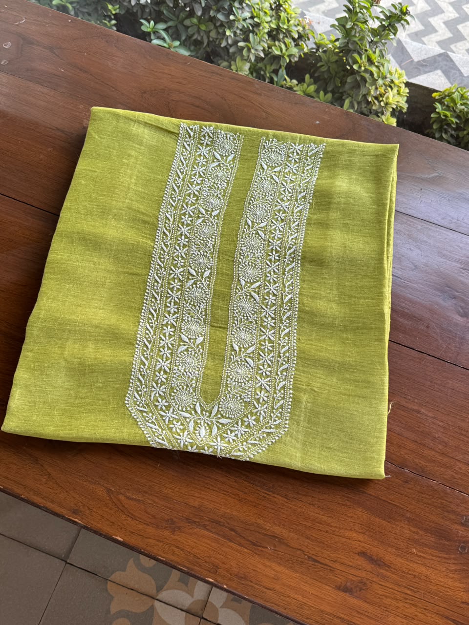 Khaki Green Linen Chikankari Unstitched Men's Kurta Fabric