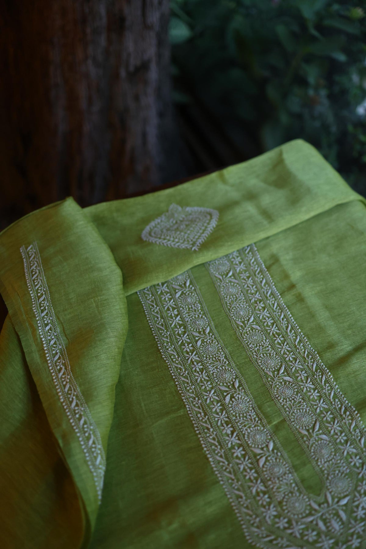 Khaki Green Linen Chikankari Unstitched Men's Kurta Fabric