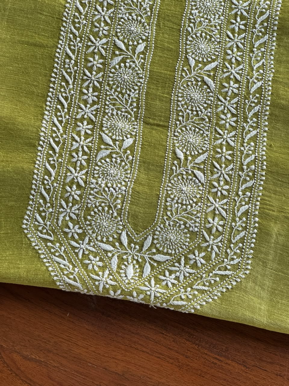 Khaki Green Linen Chikankari Unstitched Men's Kurta Fabric