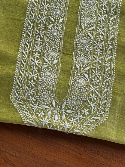 Khaki Green Linen Chikankari Unstitched Men's Kurta Fabric