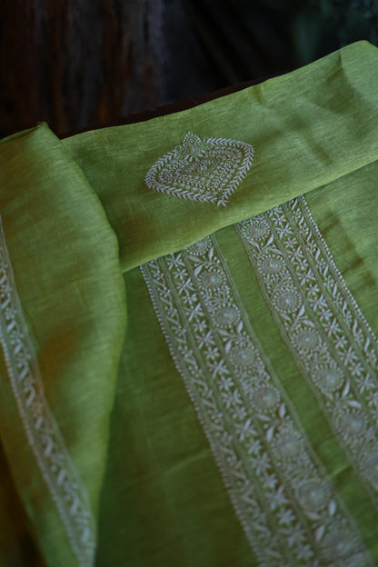 Khaki Green Linen Chikankari Unstitched Men's Kurta Fabric