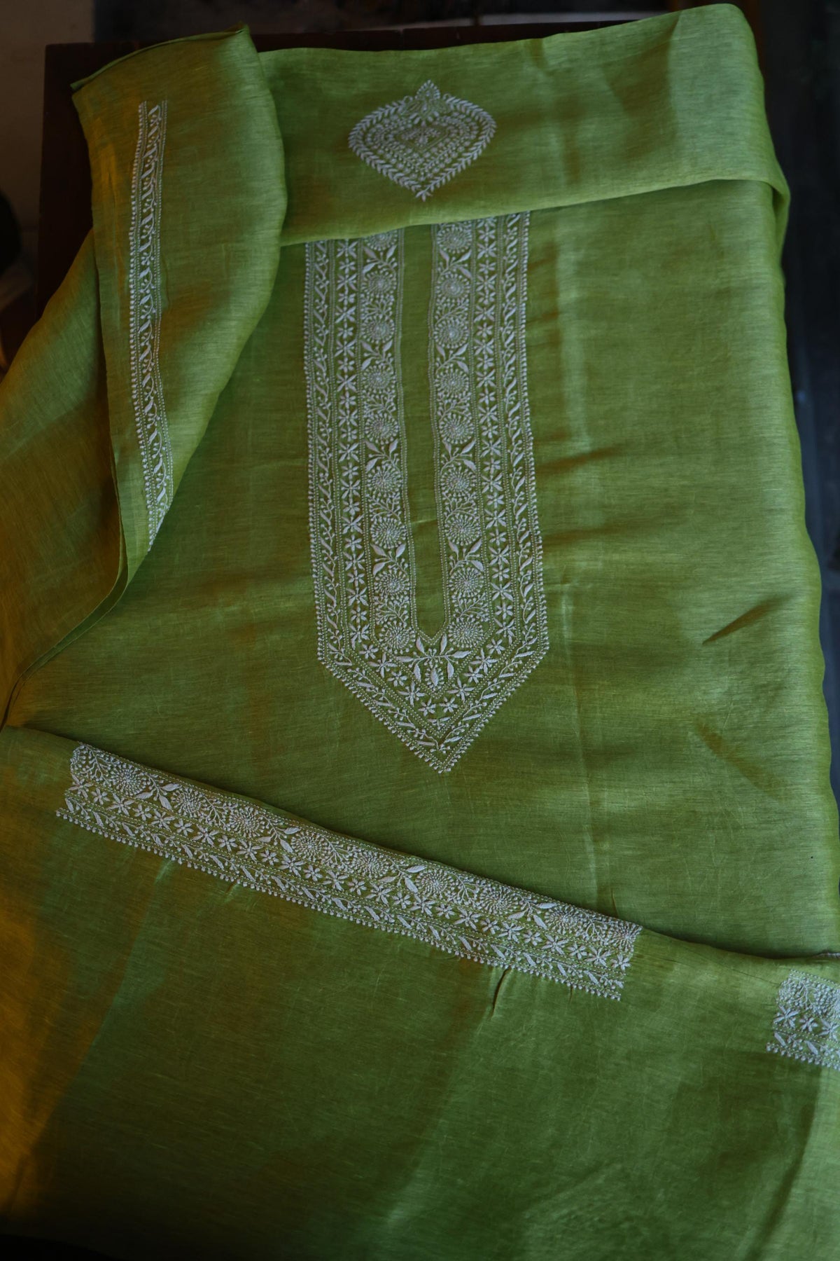 Khaki Green Linen Chikankari Unstitched Men's Kurta Fabric
