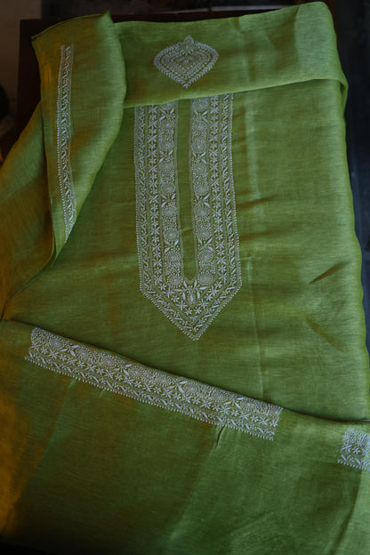 Khaki Green Linen Chikankari Unstitched Men's Kurta Fabric