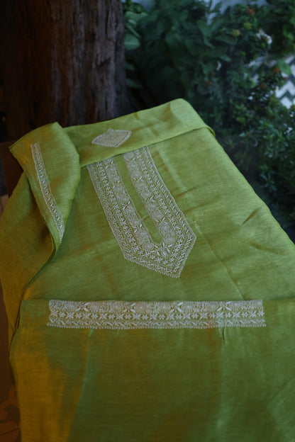 Khaki Green Linen Chikankari Unstitched Men's Kurta Fabric