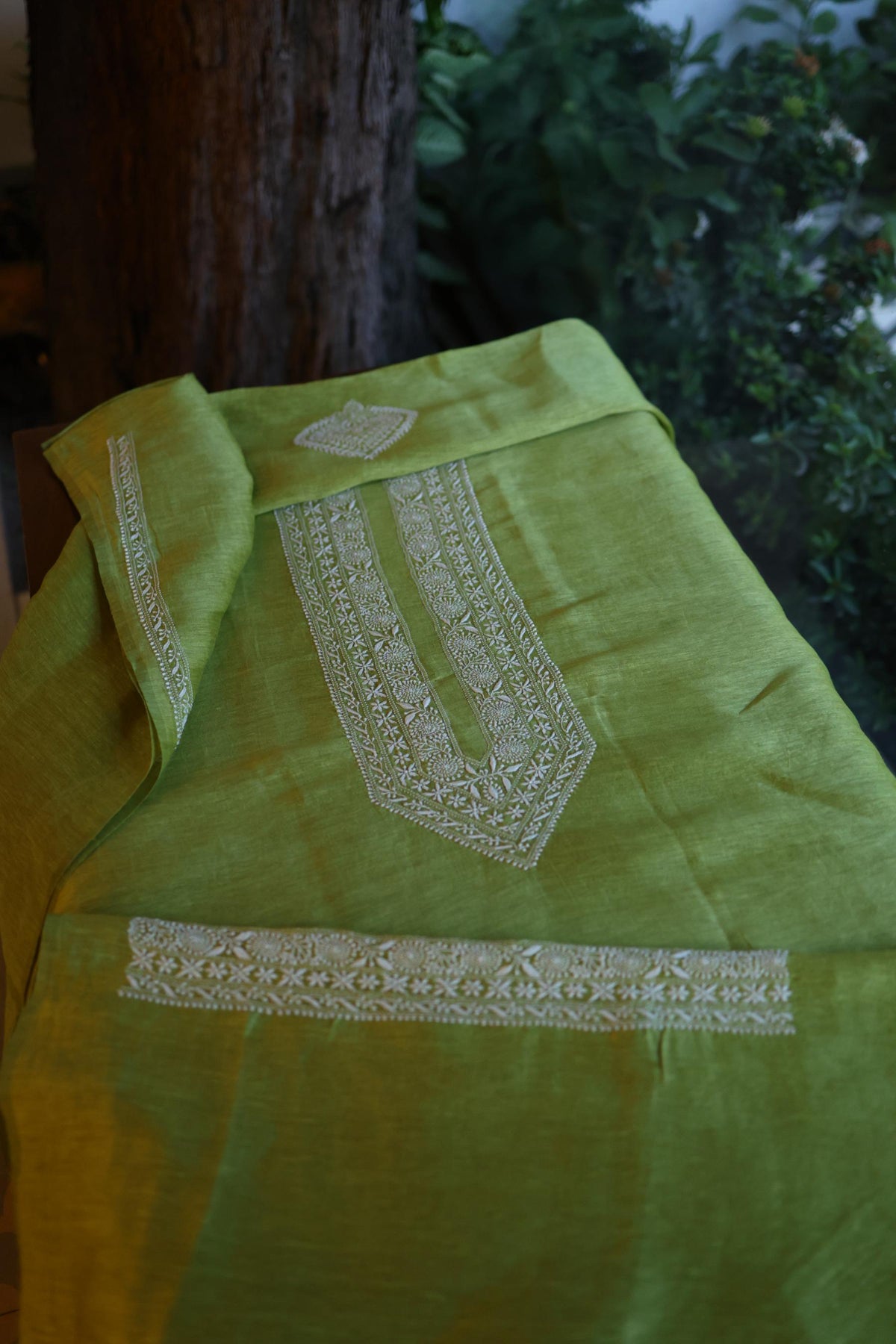 Khaki Green Linen Chikankari Unstitched Men's Kurta Fabric