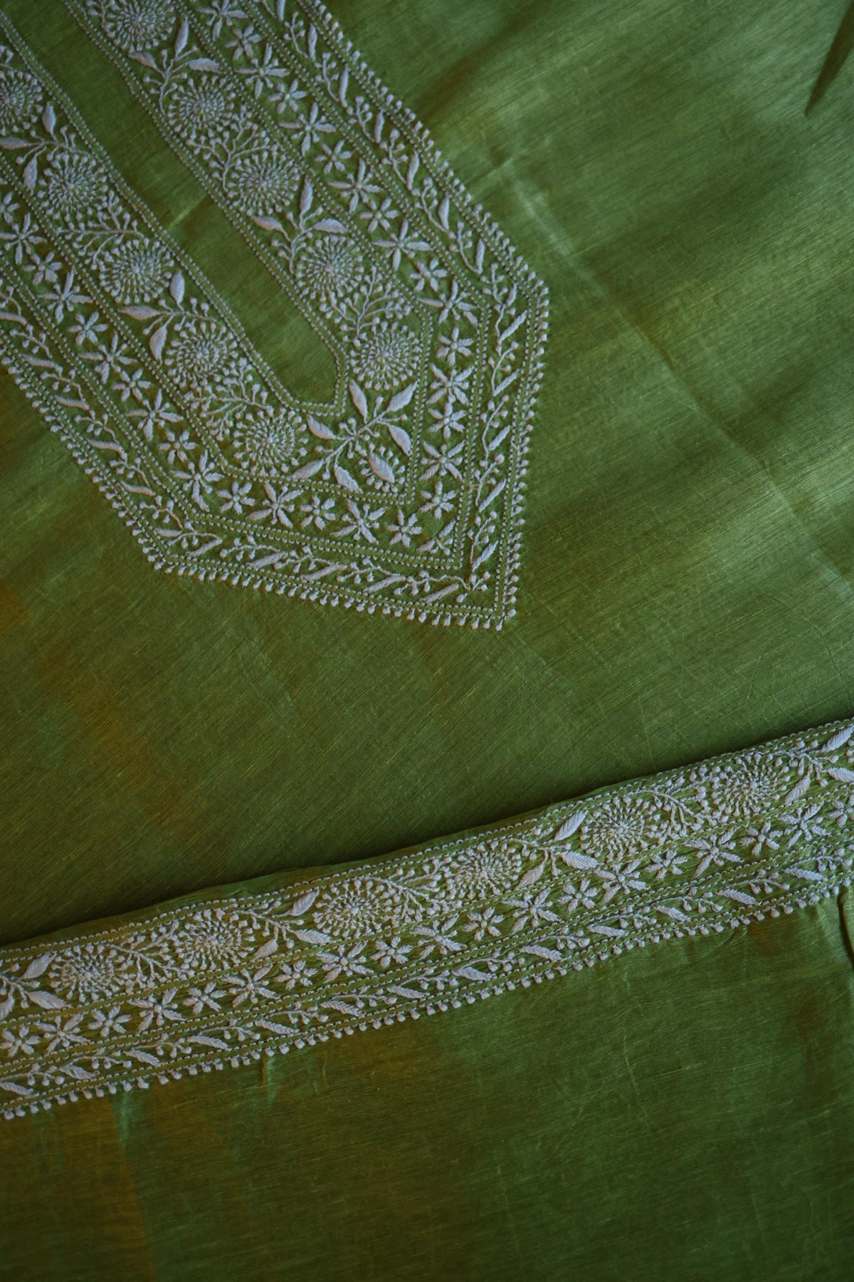 Khaki Green Linen Chikankari Unstitched Men's Kurta Fabric