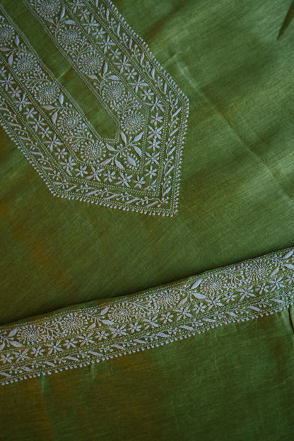 Khaki Green Linen Chikankari Unstitched Men's Kurta Fabric