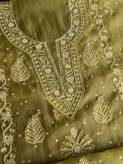 Khaki Green Shade Noor Organza Silk Chikankari Unstitched Kurta Dupatta Set