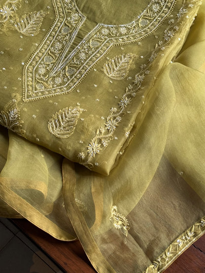 Khaki Green Shade Noor Organza Silk Chikankari Unstitched Kurta Dupatta Set