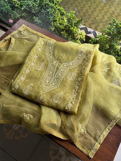 Khaki Green Shade Noor Organza Silk Chikankari Unstitched Kurta Dupatta Set