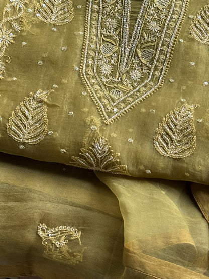 Khaki Green Shade Noor Organza Silk Chikankari Unstitched Kurta Dupatta Set
