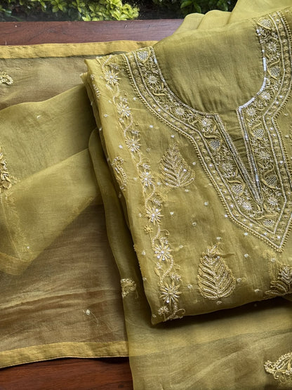 Khaki Green Shade Noor Organza Silk Chikankari Unstitched Kurta Dupatta Set