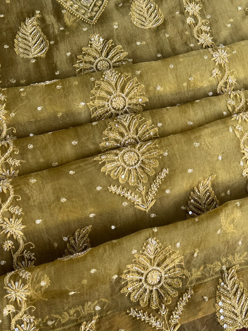 Khaki Green Shade Noor Organza Silk Chikankari Unstitched Kurta Dupatta Set