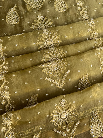 Khaki Green Shade Noor Organza Silk Chikankari Unstitched Kurta Dupatta Set