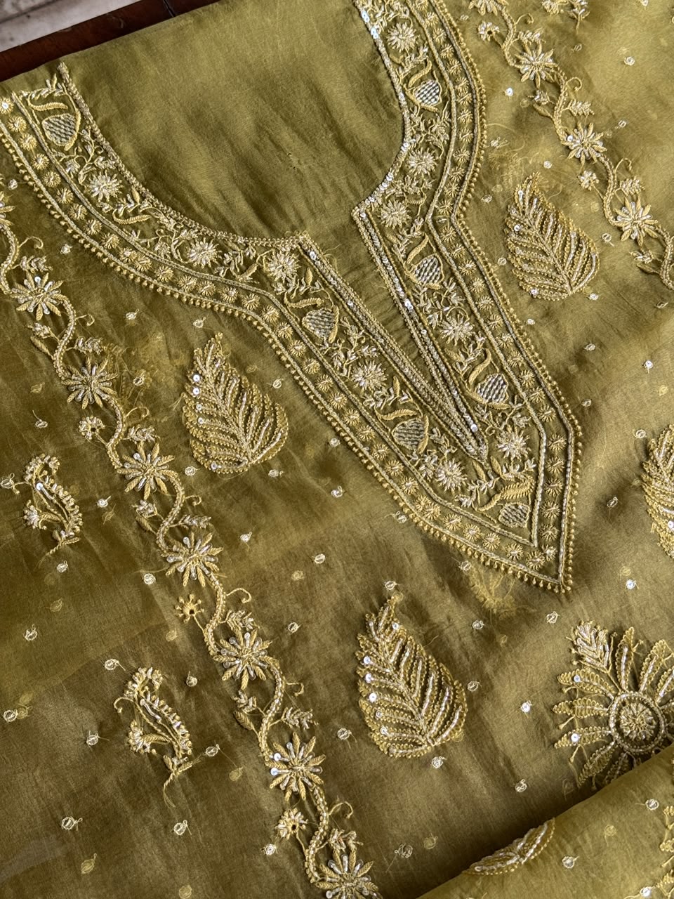 Khaki Green Shade Noor Organza Silk Chikankari Unstitched Kurta Dupatta Set