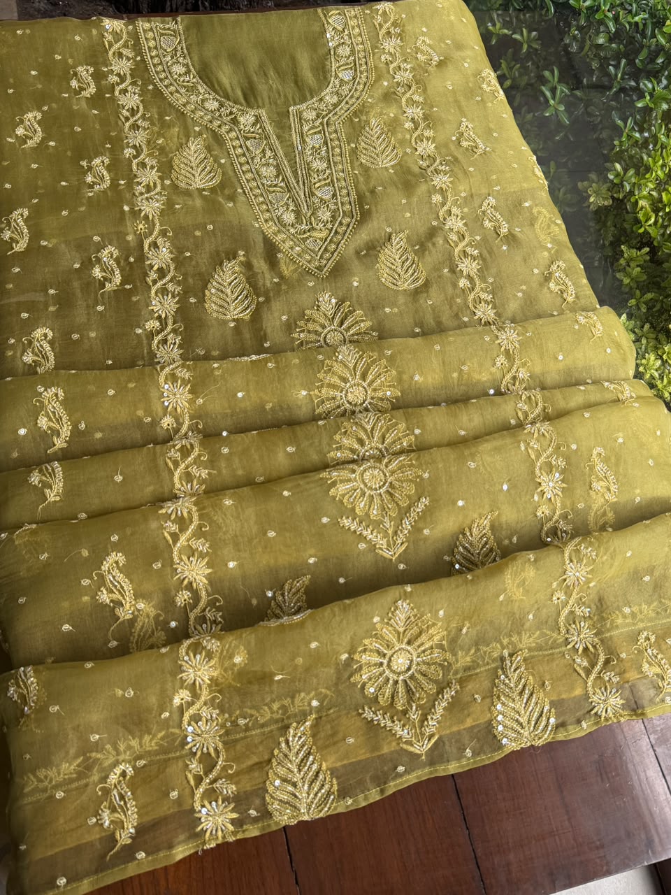 Khaki Green Shade Noor Organza Silk Chikankari Unstitched Kurta Dupatta Set
