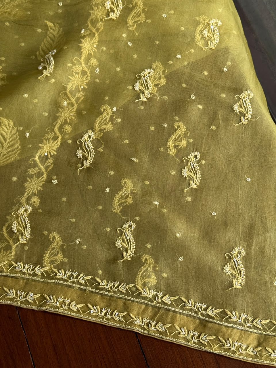 Khaki Green Shade Noor Organza Silk Chikankari Unstitched Kurta Dupatta Set