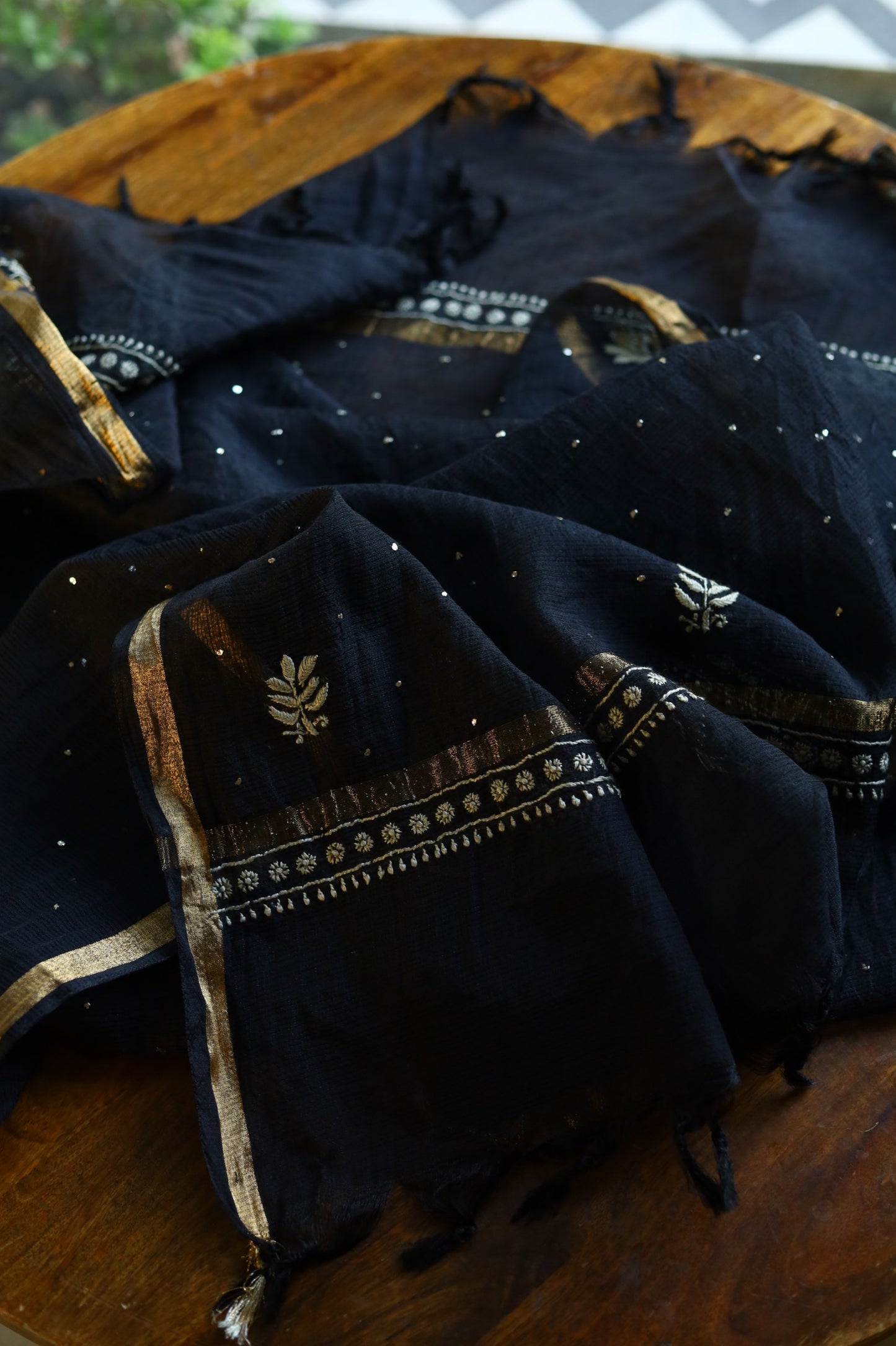 Kota Chikankari Mukaish Kamdani Dupatta With Tissue Border