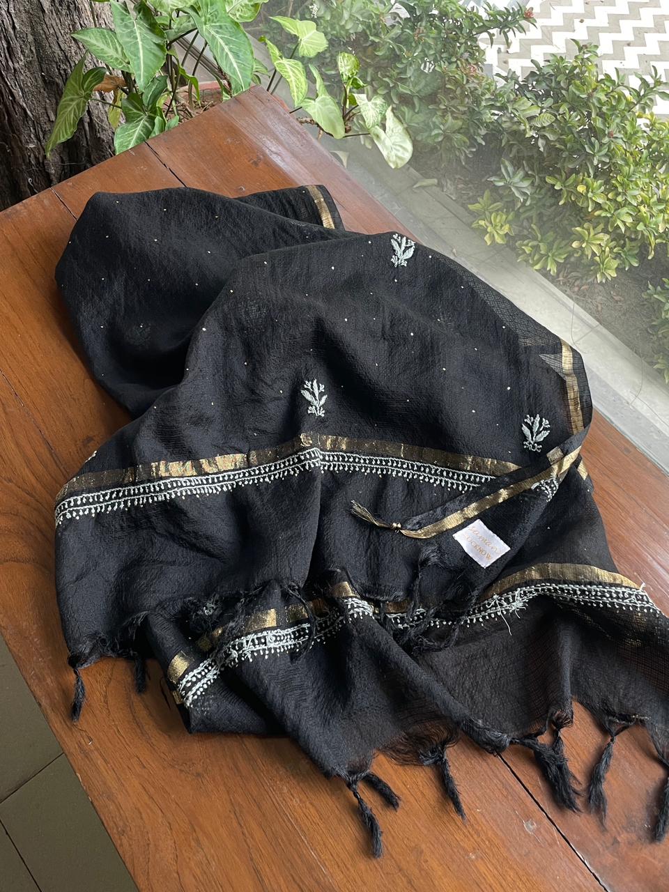 Kota Chikankari Mukaish Kamdani Dupatta With Tissue Border