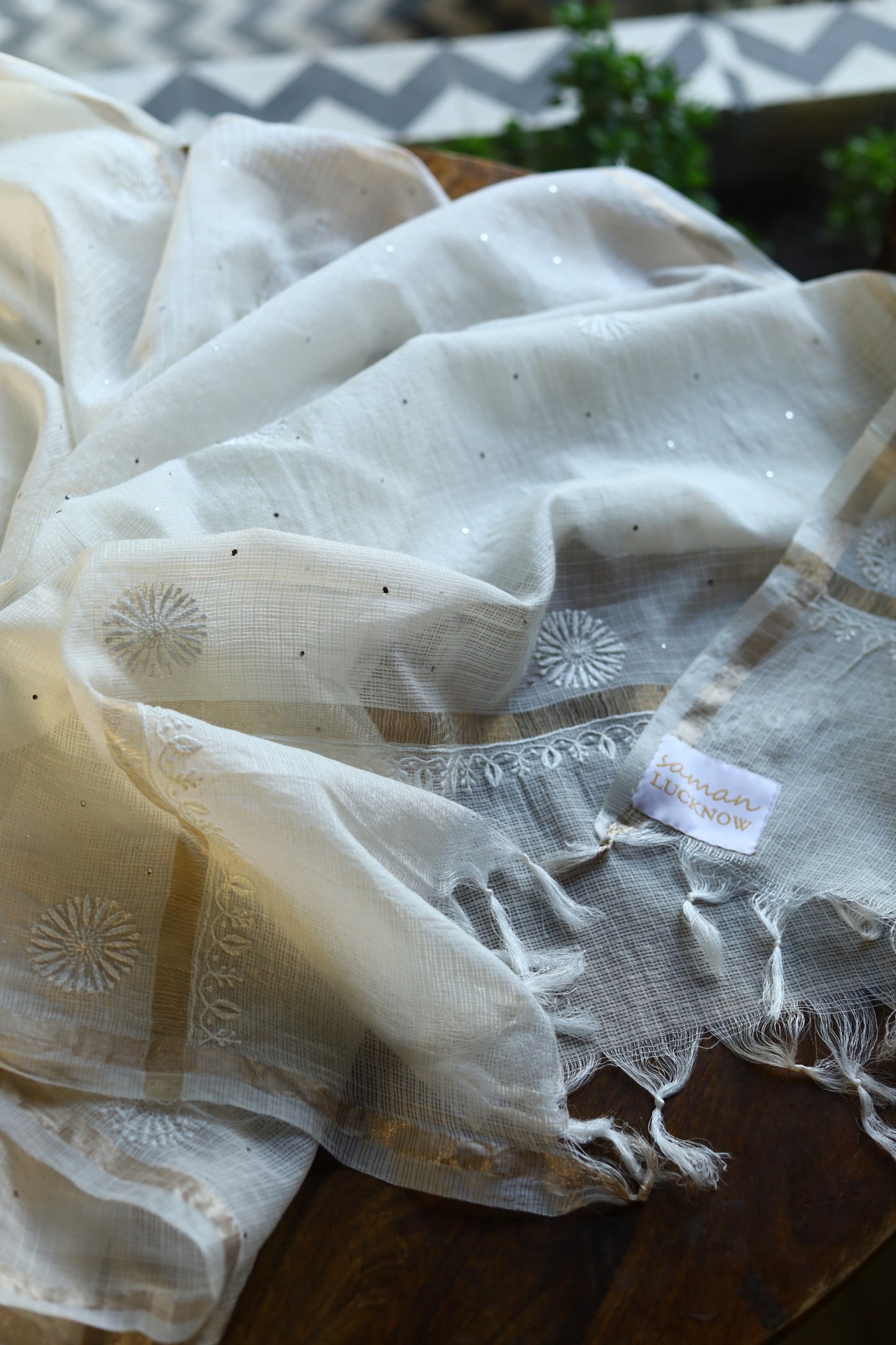 Kota Chikankari Mukaish Kamdani Dupatta With Tissue Border