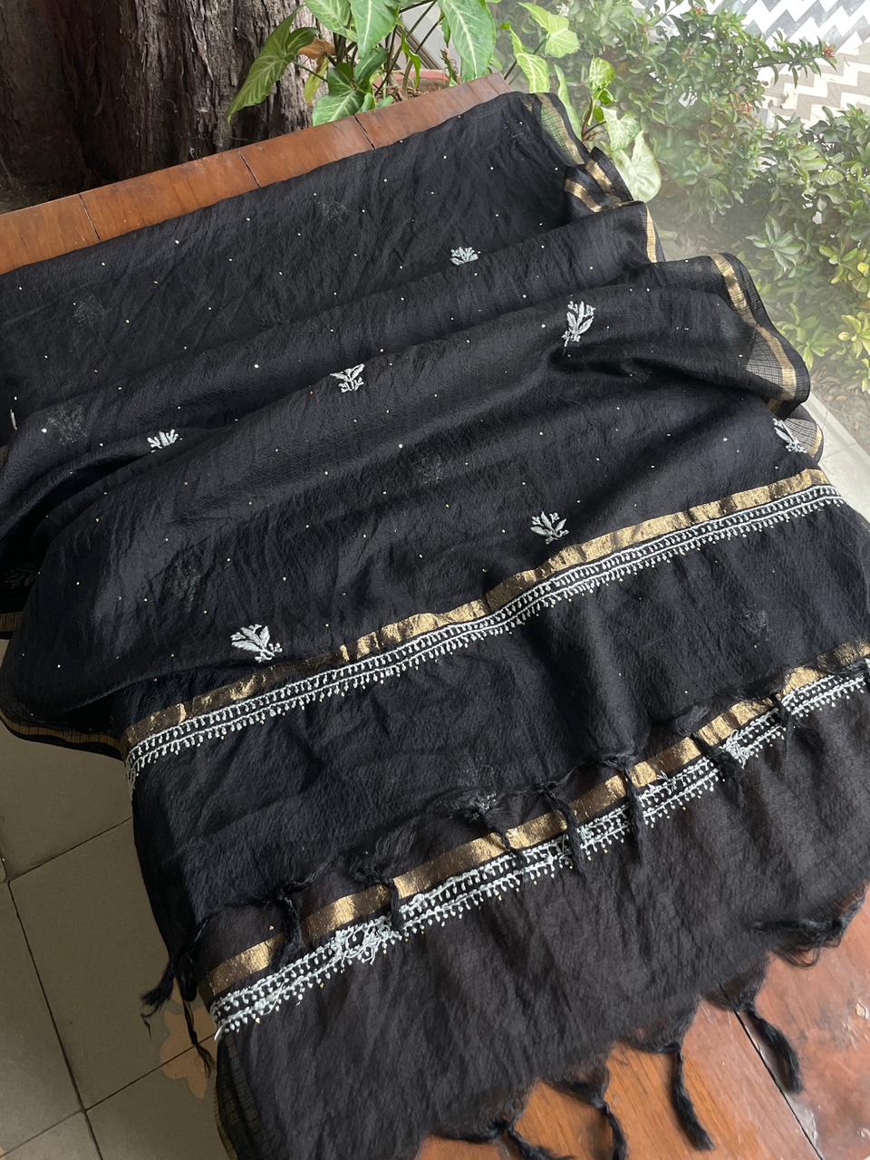 Kota Chikankari Mukaish Kamdani Dupatta With Tissue Border