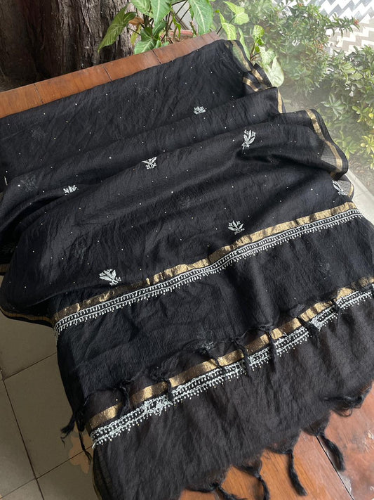 Kota Chikankari Mukaish Kamdani Dupatta With Tissue Border