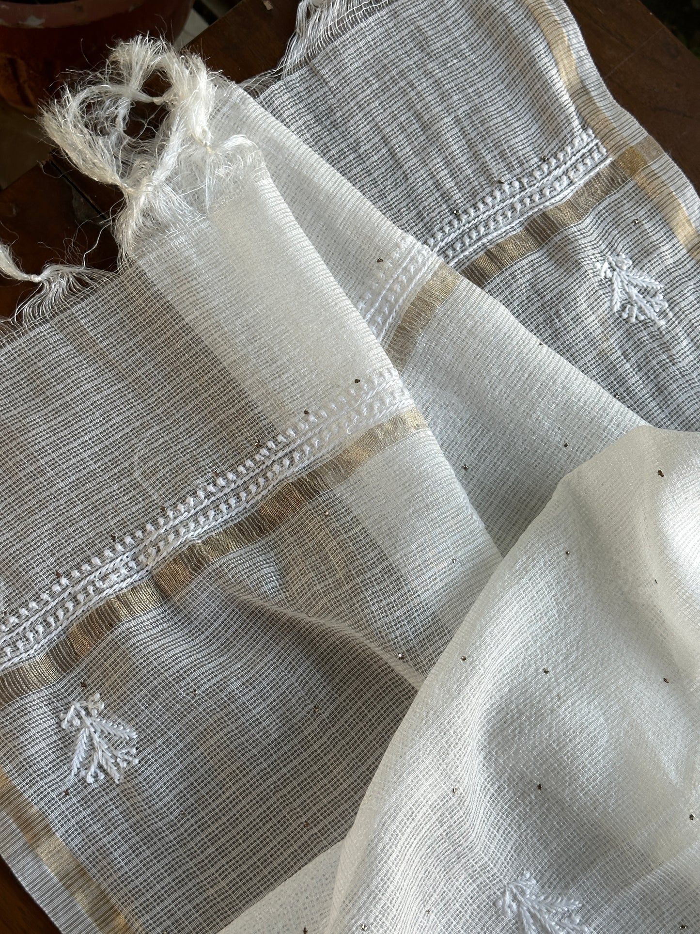 Kota Chikankari Mukaish Kamdani Dupatta With Tissue Border