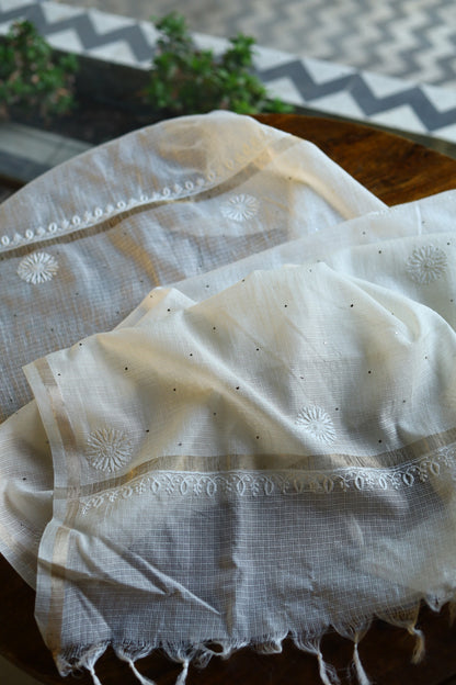 Kota Chikankari Mukaish Kamdani Dupatta With Tissue Border
