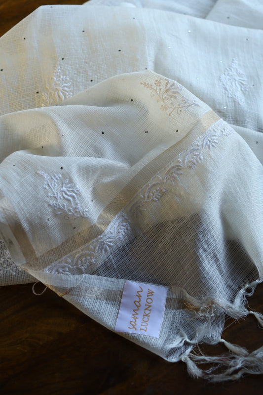 Kota White Chikankari Mukaish Kamdani Dupatta With Tissue Border