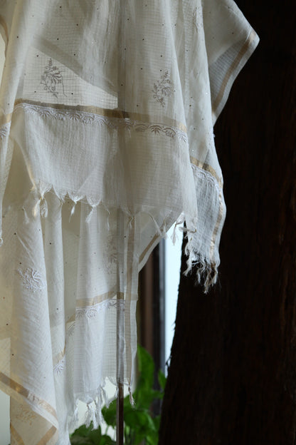 Kota White Chikankari Mukaish Kamdani Dupatta With Tissue Border