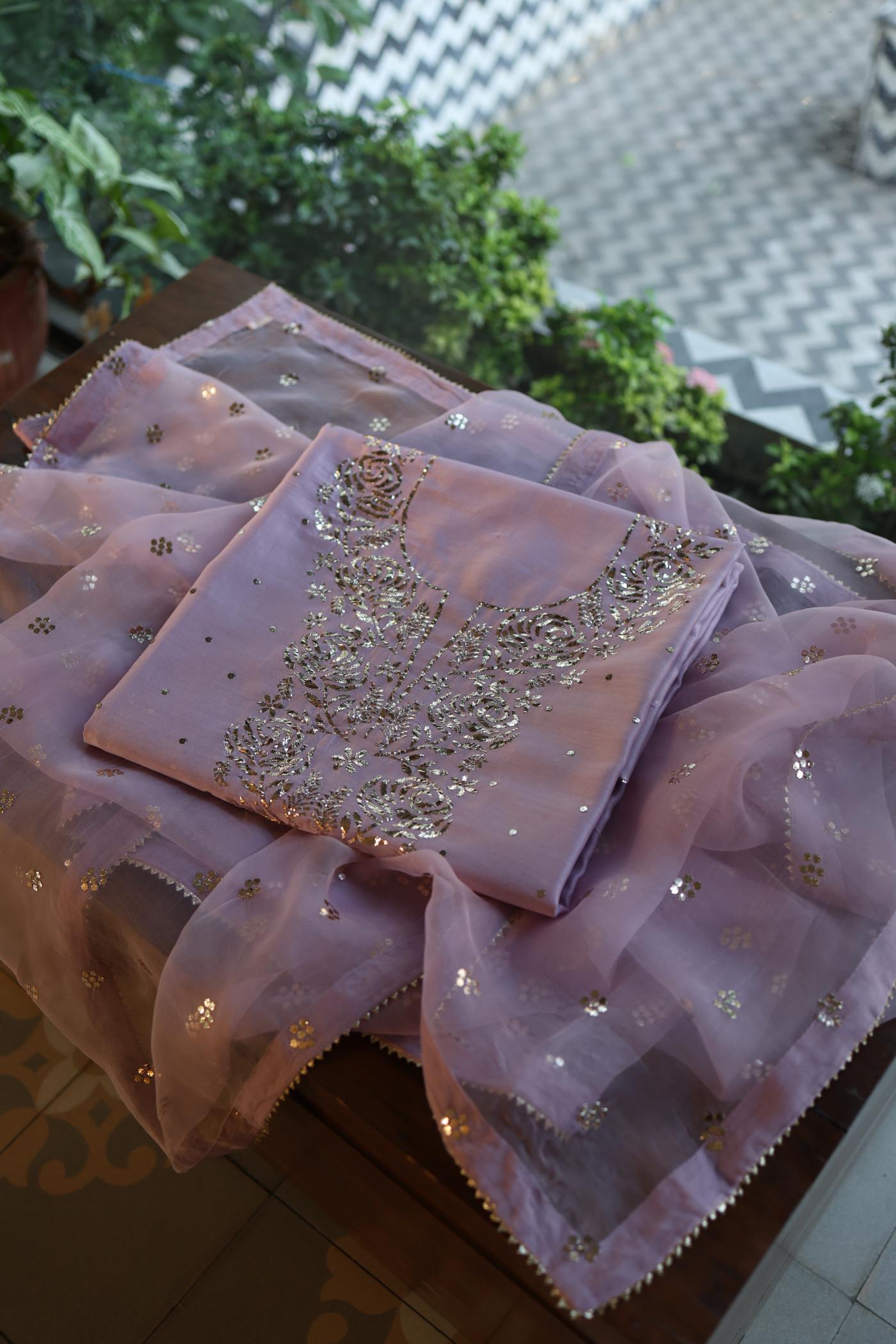 Lavender Chanderi Silk Mukaish Badla Unstitched Fabric