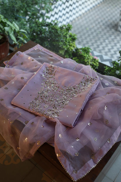 Lavender Chanderi Silk Mukaish Badla Unstitched Fabric