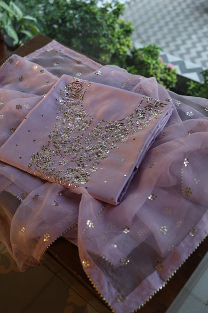 Lavender Chanderi Silk Mukaish Badla Unstitched Fabric