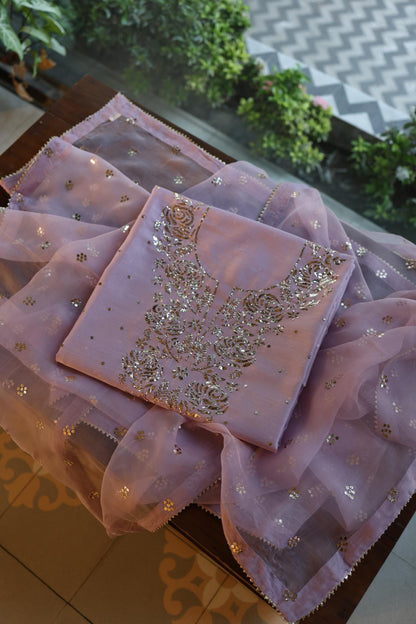 Lavender Chanderi Silk Mukaish Badla Unstitched Fabric