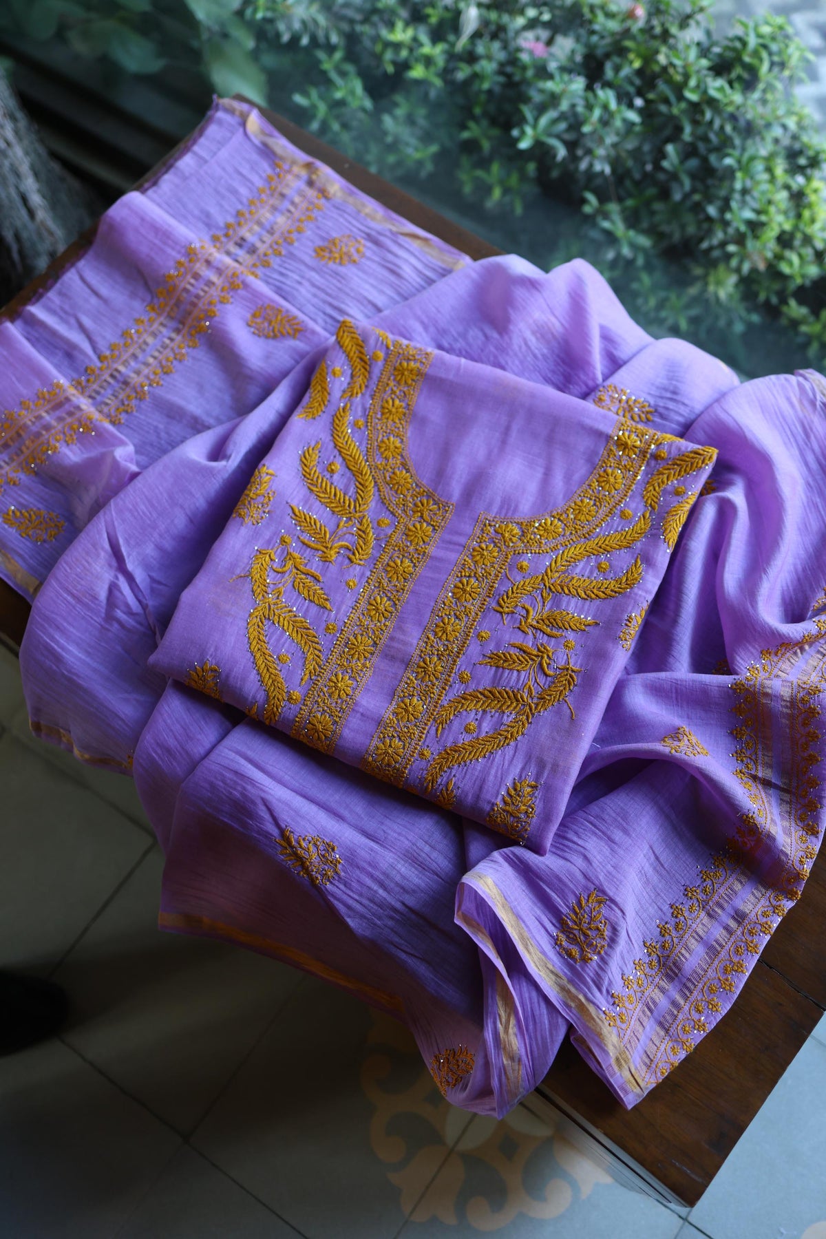 Lavender Chikankari Mal Cotton Set with Mukaish Work